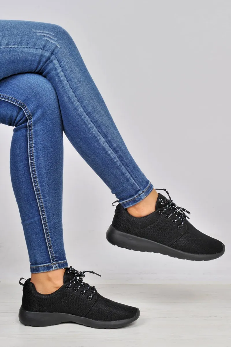 All Black Wedged Sole Lace Up Trainers - Kira