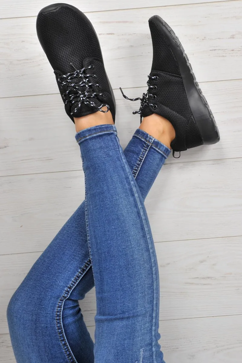 All Black Wedged Sole Lace Up Trainers - Kira