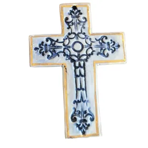 Avignon ceramic wall cross in Blue wash and Gold