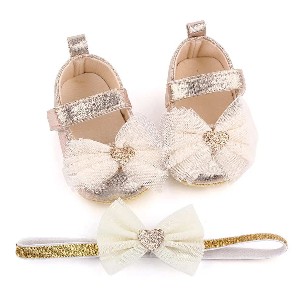 Gold bow Baby Shoes with headband