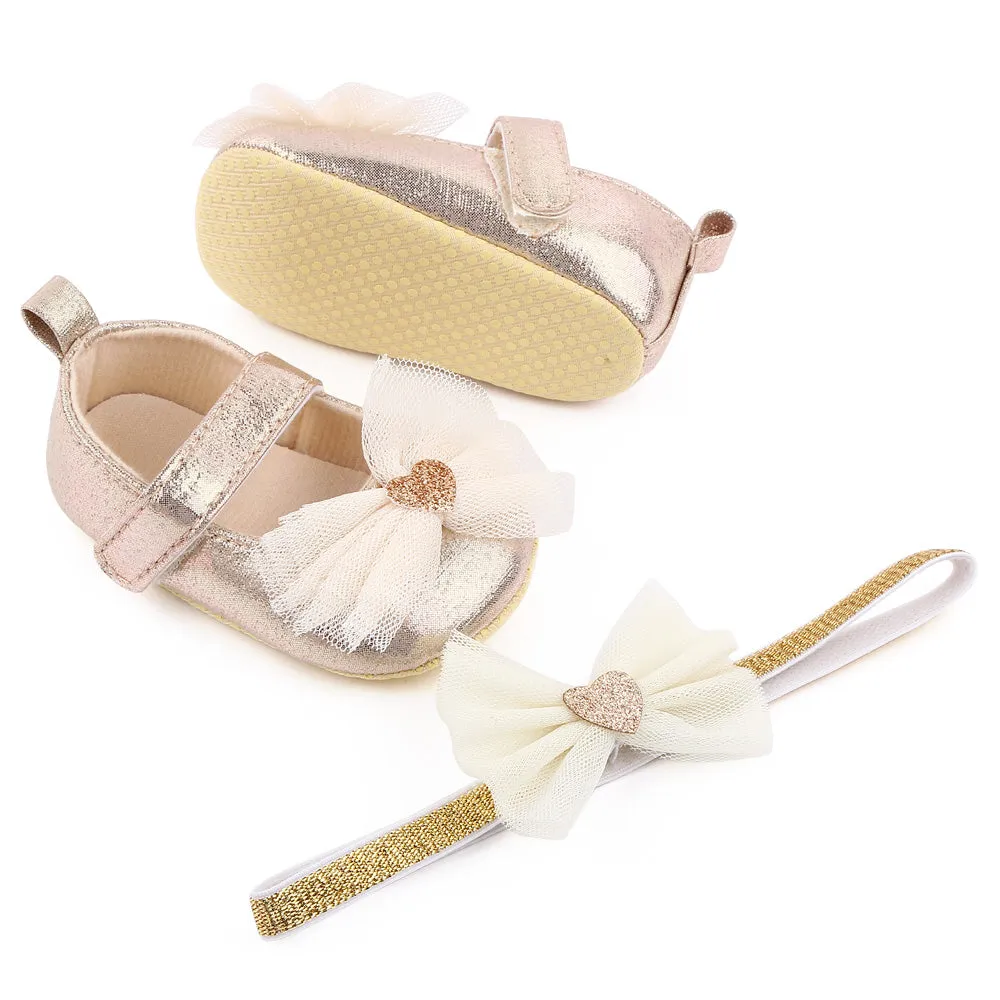 Gold bow Baby Shoes with headband