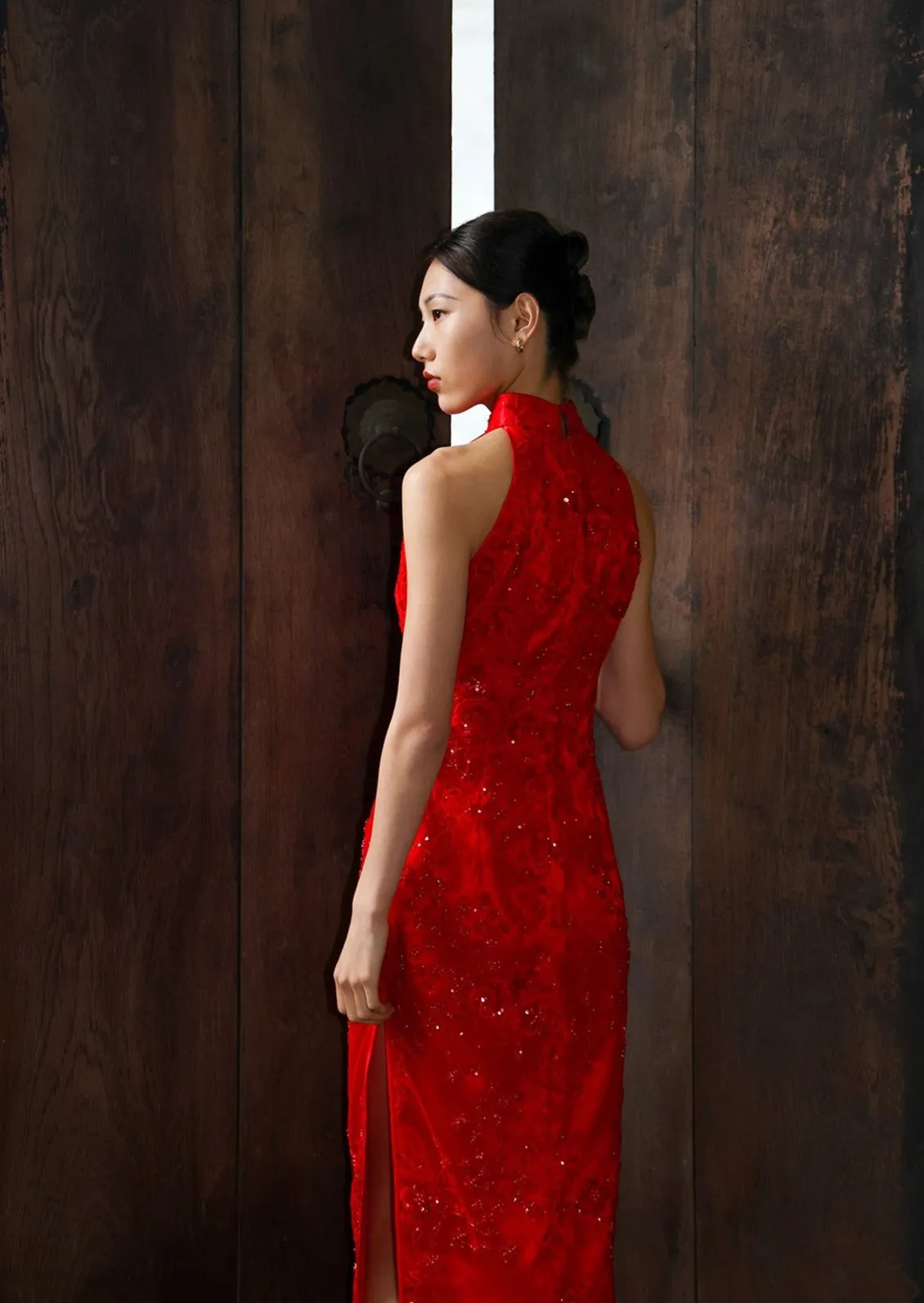 Sunflower Bliss Halter Bridal Qipao (Red) - RTW