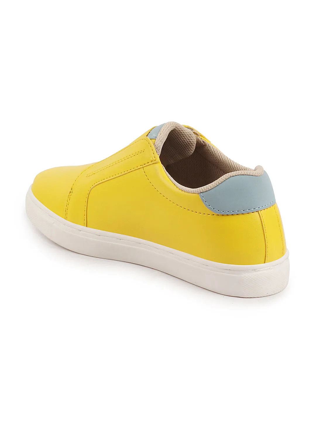 Women Yellow Elastic Closure Stitched Comfort Slip On Sneaker Shoes